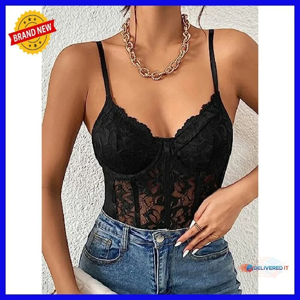 Sheer Mesh Lace Bustier Bodysuit Slim Fit Shapewear Sleeveless